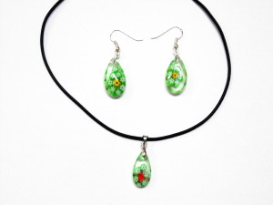 Parure collier et boucles en verre Murano vert fleur