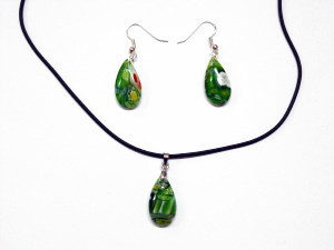 Parure collier et boucles en verre Murano vert foncé