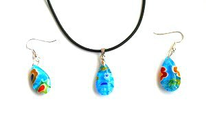 Parure collier et boucles en verre Murano Bleu